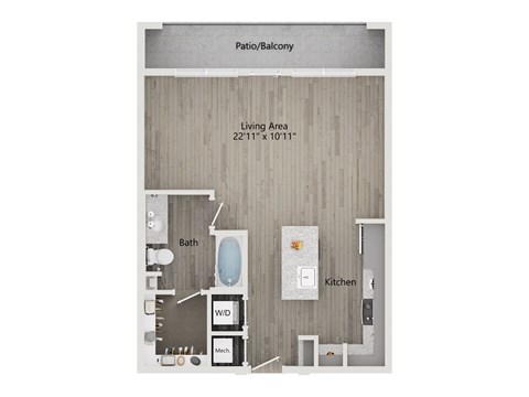 Floor plan for studio, 1 bath, 671 sqft